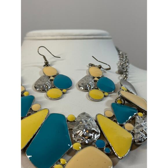Matching Necklace Earrings Set Turquoise Yellow Stone Statement Silver Closure - Picture 5 of 9
